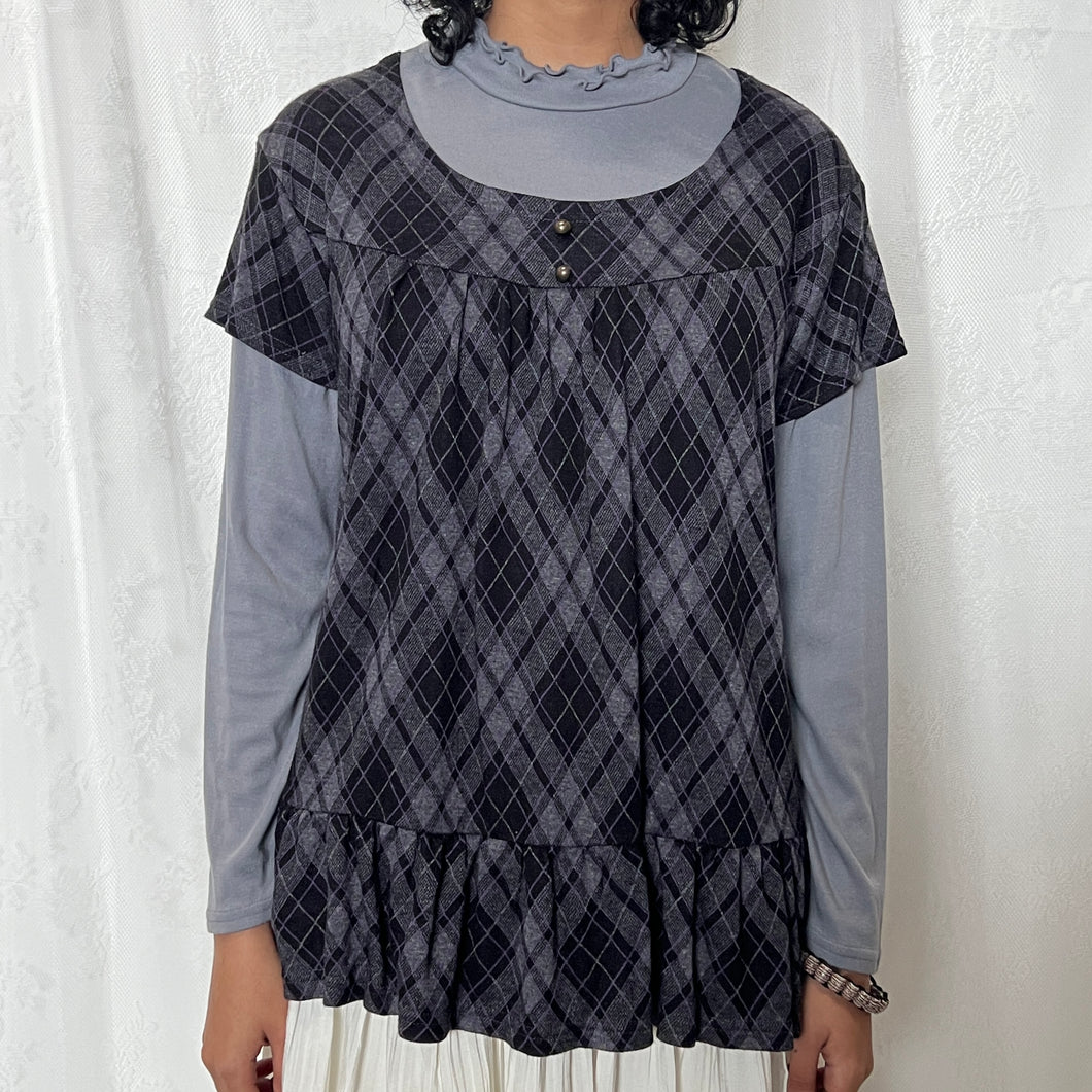 Black Purple Plaid Grey Inner Long Sleeves Top