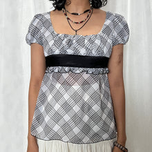 Load image into Gallery viewer, White Grey Plaid Black Satin Ribbon Tie Top
