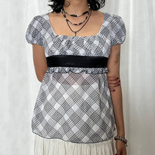 Load image into Gallery viewer, White Grey Plaid Black Satin Ribbon Tie Top
