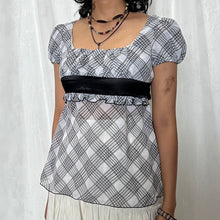 Load image into Gallery viewer, White Grey Plaid Black Satin Ribbon Tie Top
