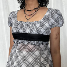 Load image into Gallery viewer, White Grey Plaid Black Satin Ribbon Tie Top
