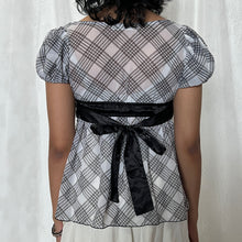 Load image into Gallery viewer, White Grey Plaid Black Satin Ribbon Tie Top
