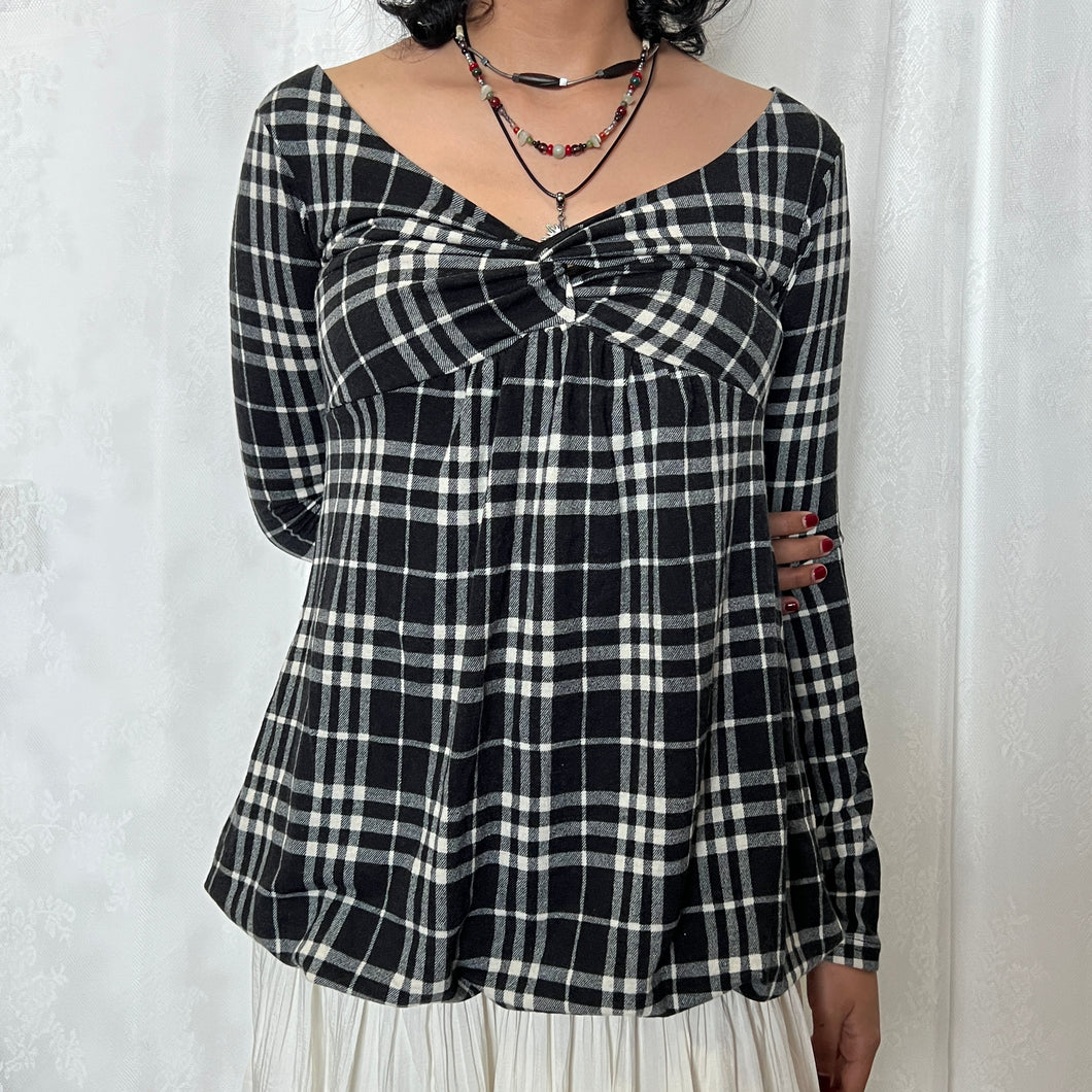 Black Plaid Twist Chest Babydoll Long Sleeves Top