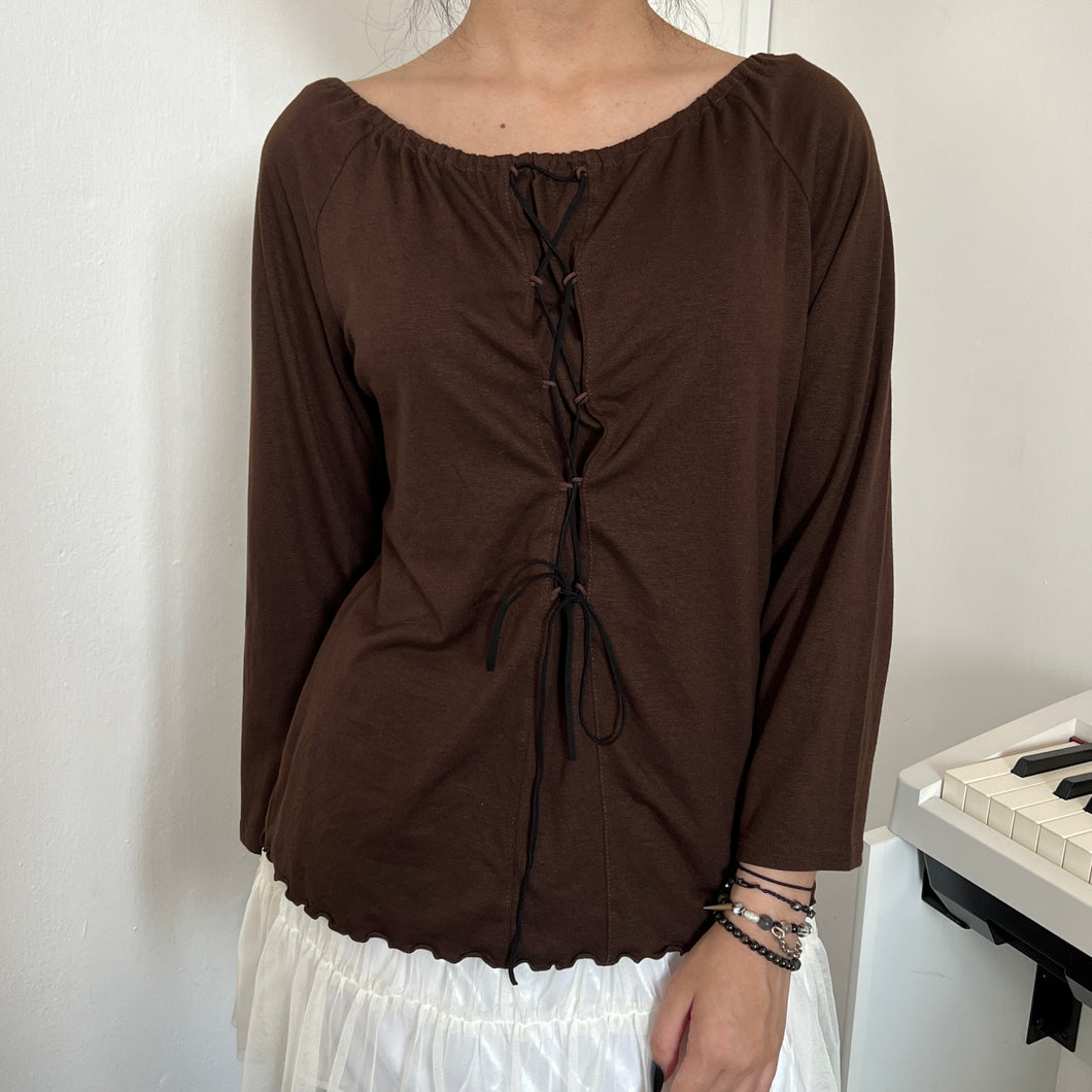 Brown Lace Up Long Sleeves Top