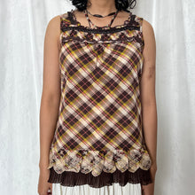 Load image into Gallery viewer, Axes Femme Brown Yellow Plaid Square Neck Lace Sleeveless Top
