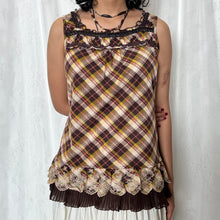 Load image into Gallery viewer, Axes Femme Brown Yellow Plaid Square Neck Lace Sleeveless Top
