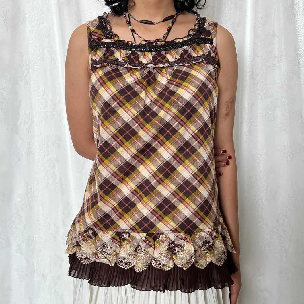 Axes Femme Brown Yellow Plaid Square Neck Lace Sleeveless Top