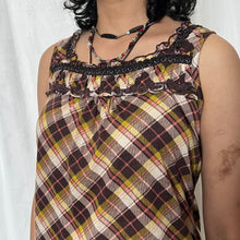 Load image into Gallery viewer, Axes Femme Brown Yellow Plaid Square Neck Lace Sleeveless Top
