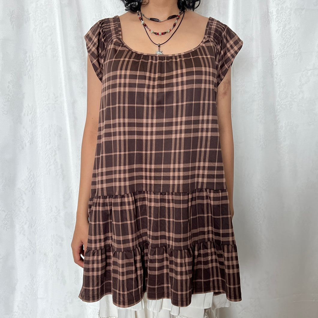 Brown Beige Plaid Oversized Babydoll Dress Off Shoulder Top