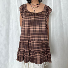 Load image into Gallery viewer, Brown Beige Plaid Oversized Babydoll Dress Off Shoulder Top
