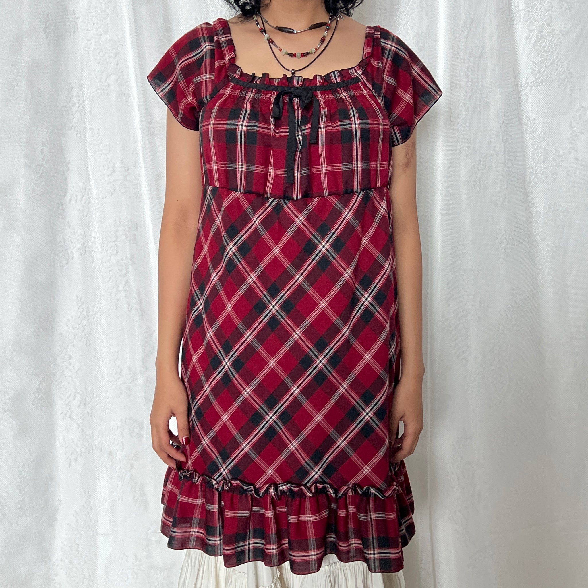 strapless open back dress Red Black Plaid Milkmaid Ribbon Dress – re.drmg