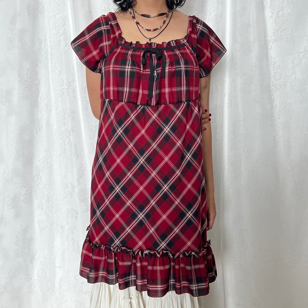 Red Black Plaid Milkmaid Ribbon Dress