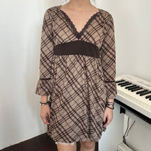 Load image into Gallery viewer, Beige Brown Plaid V Long Sleeves Top Dress
