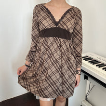 Load image into Gallery viewer, Beige Brown Plaid V Long Sleeves Top Dress
