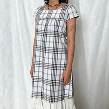 Load image into Gallery viewer, Cream Grey Plaid Embroidered Crest Waist Tie Babydoll Dress
