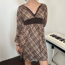 Load image into Gallery viewer, Beige Brown Plaid V Long Sleeves Top Dress
