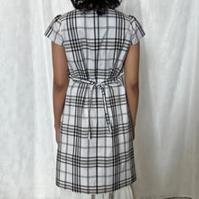 Load image into Gallery viewer, Cream Grey Plaid Embroidered Crest Waist Tie Babydoll Dress
