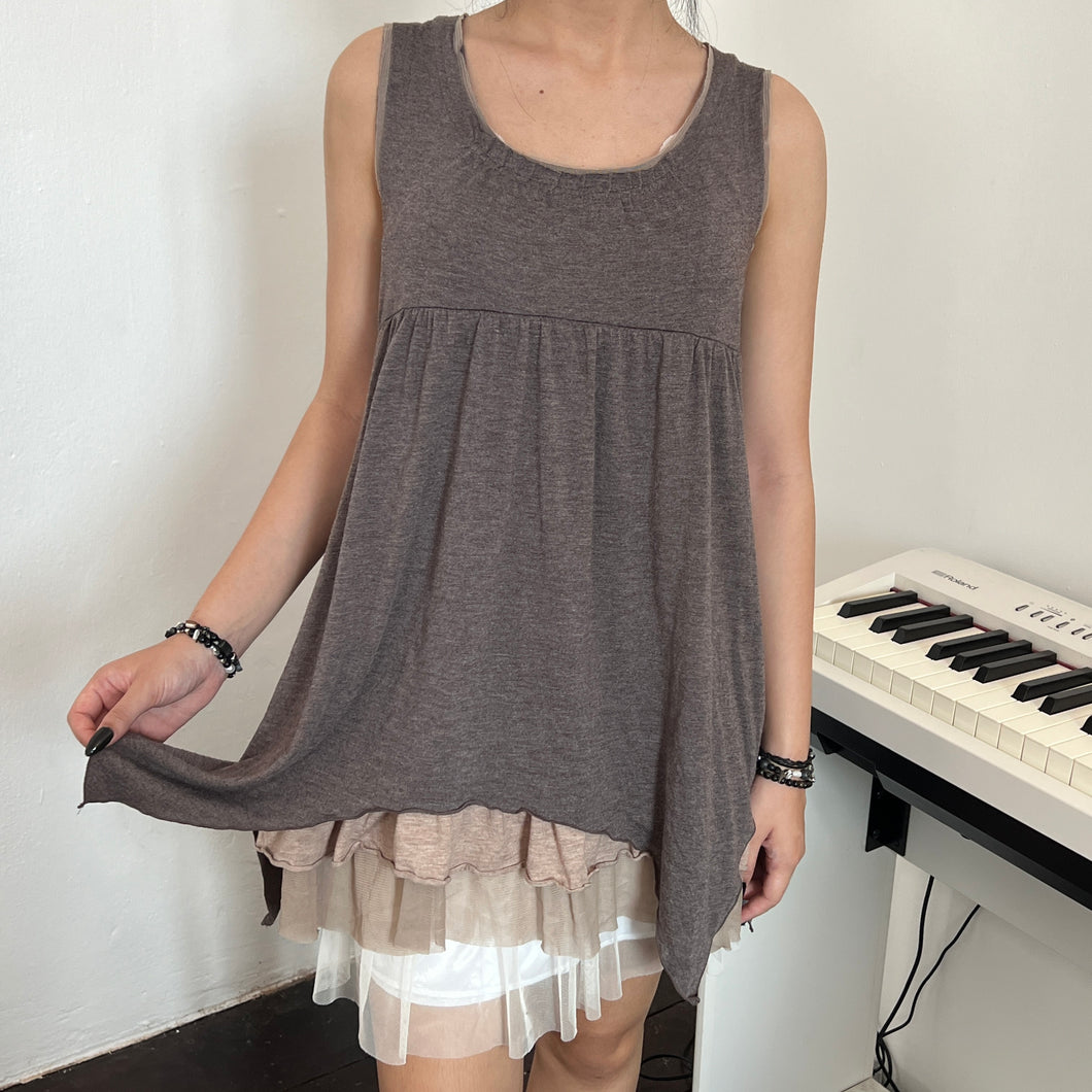 Grey Brown Sleeveless Asymmetrical Tier Sleeveless Top