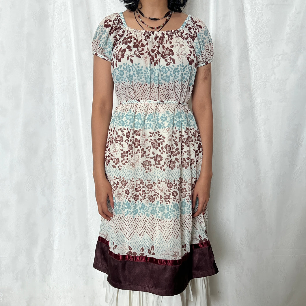 Brown Blue Tropical Mesh Square Neck Shoulder Dress