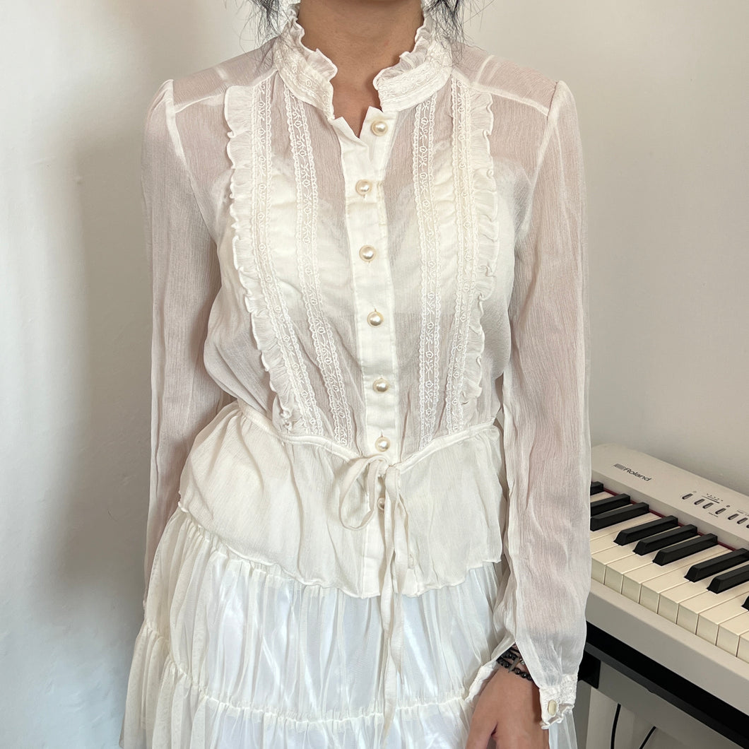 White Alice Tier Button Up Long Sleeves Top