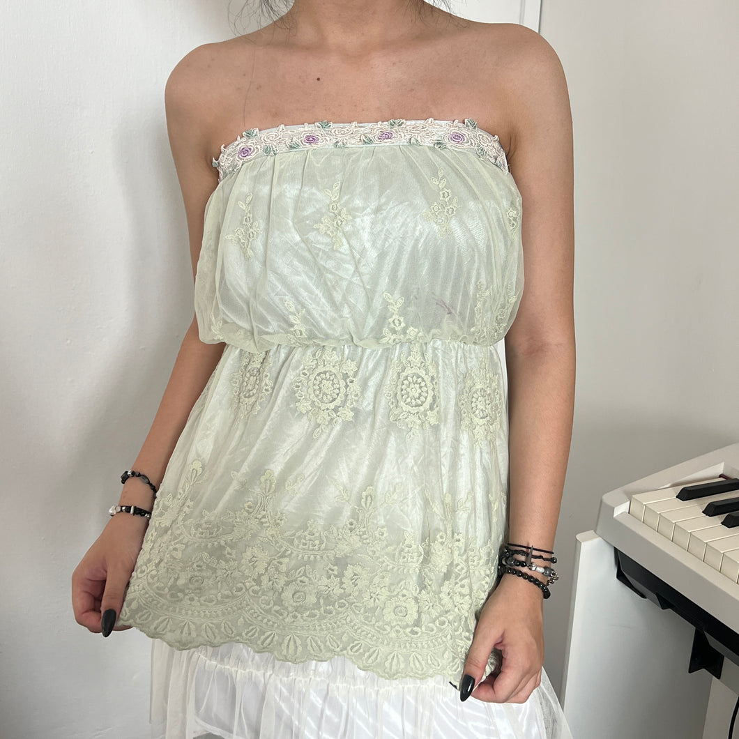 Sage Green Fairycore Floral Tube Mesh Overlay Top