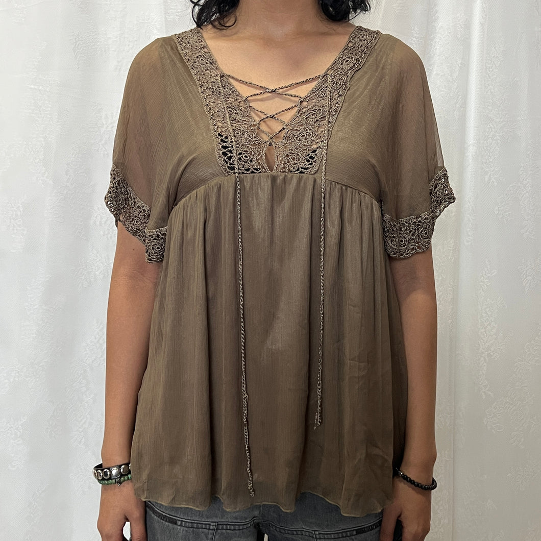 Grunge Green Fairy Chest Lace Up Mesh Flowy Top