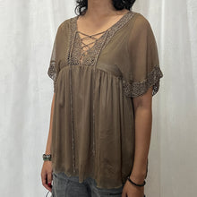 Load image into Gallery viewer, Grunge Green Fairy Chest Lace Up Mesh Flowy Top
