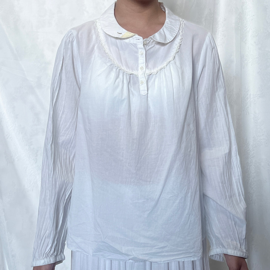 White Long Sleeve Peter Pan Collar Lace Half Button Down Top