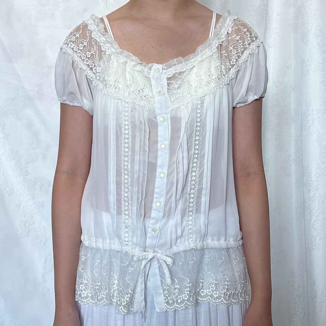 White Fancy Mesh See-Through Alice Puff Button Down Top