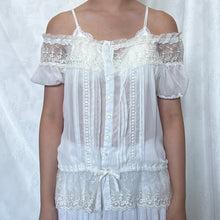 Load image into Gallery viewer, White Fancy Mesh See-Through Alice Puff Button Down Top
