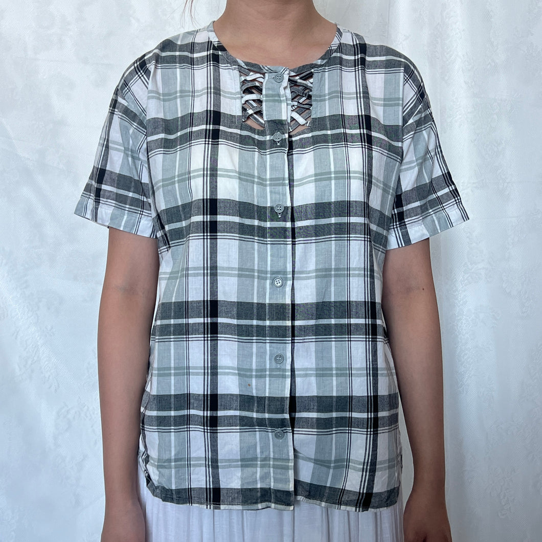 Grey White Plaid Criss Cross Chest Button Down Short Sleeve Top