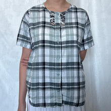 Load image into Gallery viewer, Grey White Plaid Criss Cross Chest Button Down Short Sleeve Top
