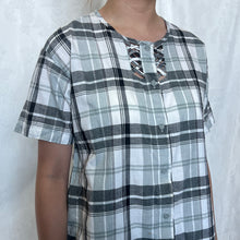 Load image into Gallery viewer, Grey White Plaid Criss Cross Chest Button Down Short Sleeve Top
