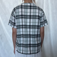 Load image into Gallery viewer, Grey White Plaid Criss Cross Chest Button Down Short Sleeve Top
