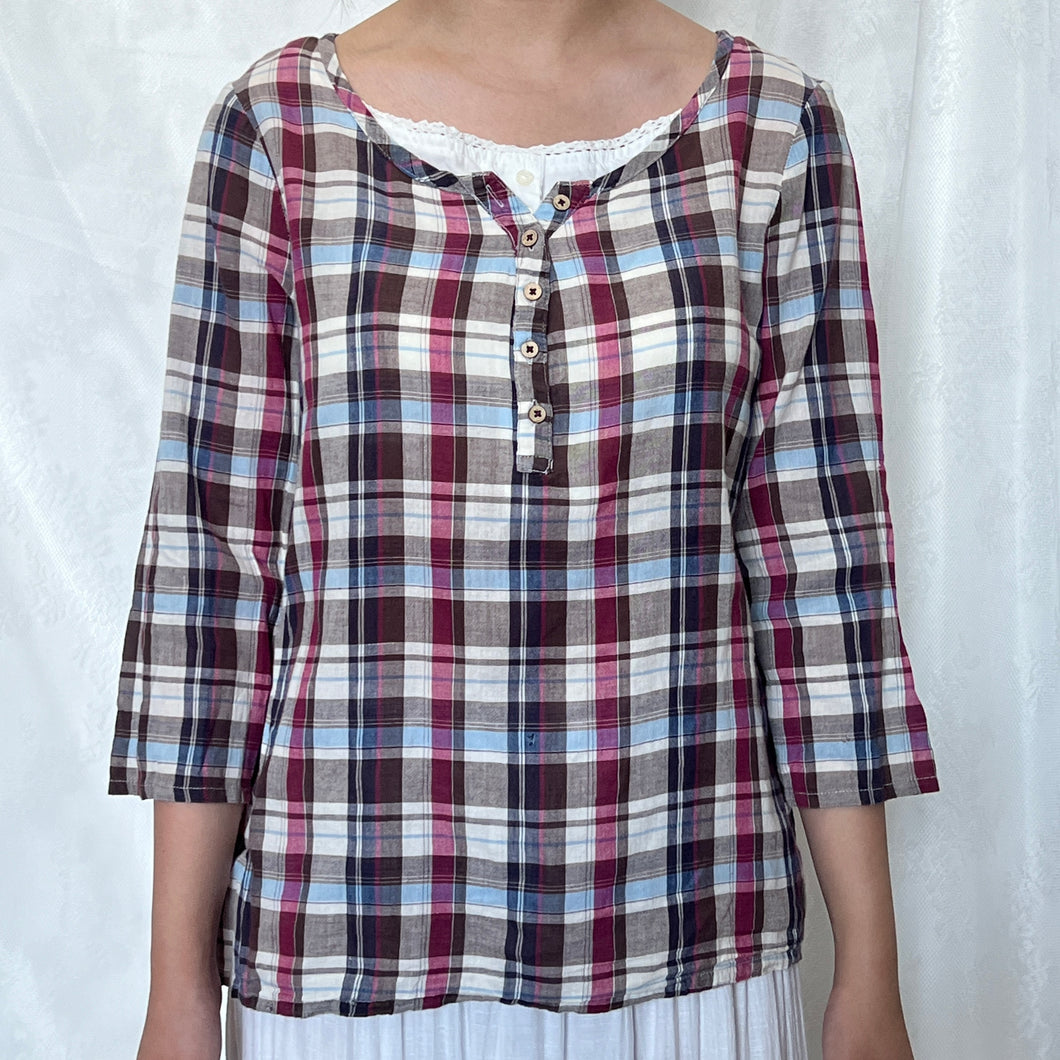 Magenta Purple Plaid Mori Fake White Inner Long Sleeve Top