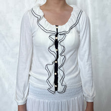 Load image into Gallery viewer, White Cotton Mesh Ruffle Black Outline Long Sleeve Top
