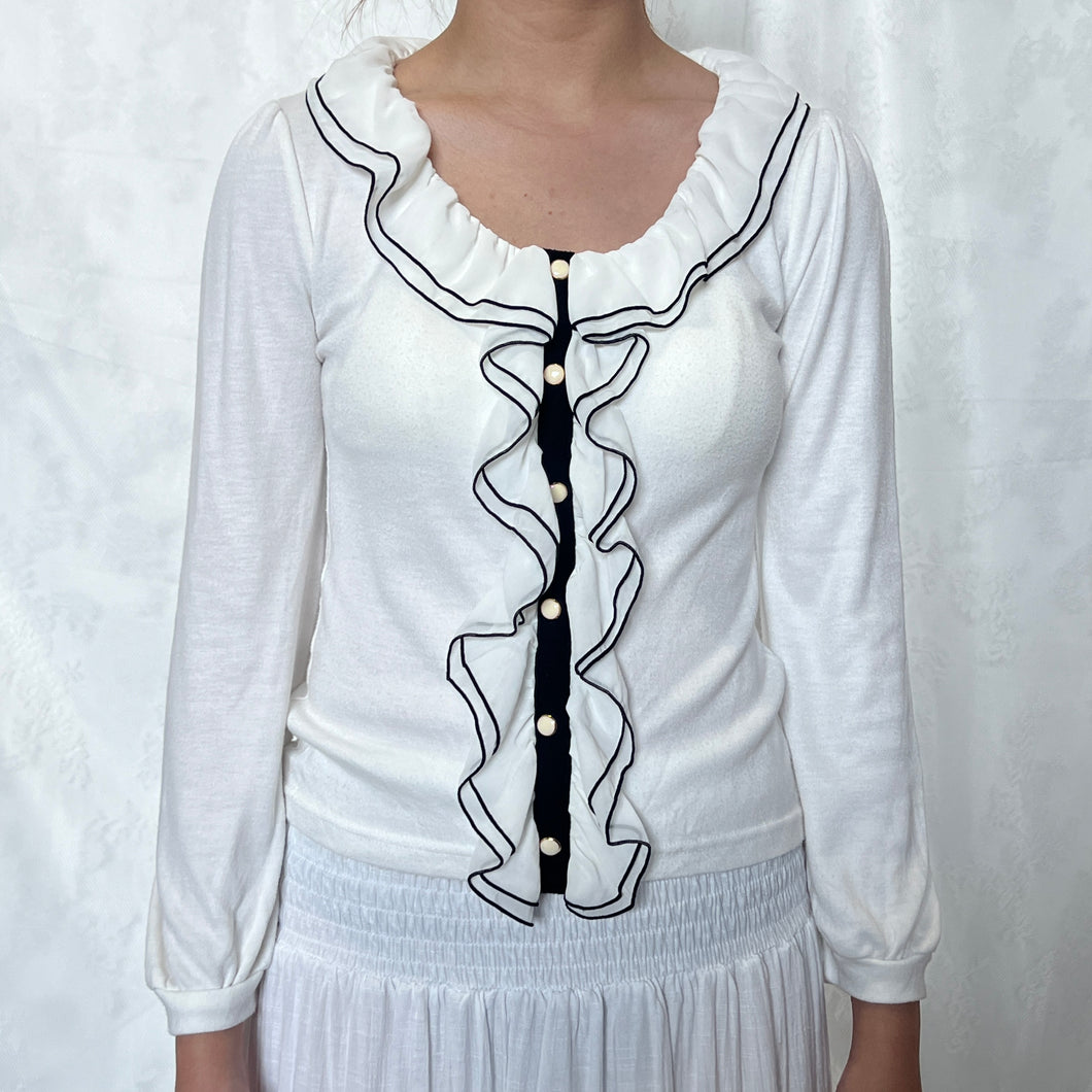 White Cotton Mesh Ruffle Black Outline Long Sleeve Top