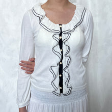 Load image into Gallery viewer, White Cotton Mesh Ruffle Black Outline Long Sleeve Top
