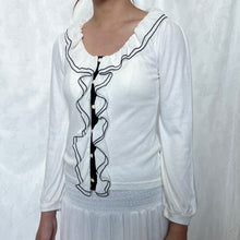 Load image into Gallery viewer, White Cotton Mesh Ruffle Black Outline Long Sleeve Top
