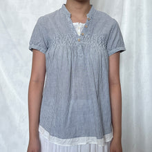 Load image into Gallery viewer, Grey Blue White Pinstripe Mori Fake White Inner Short Sleeve Top
