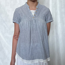 Load image into Gallery viewer, Grey Blue White Pinstripe Mori Fake White Inner Short Sleeve Top
