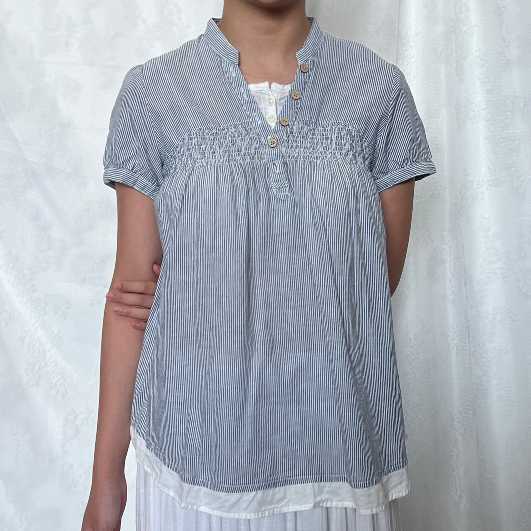 Grey Blue White Pinstripe Mori Fake White Inner Short Sleeve Top