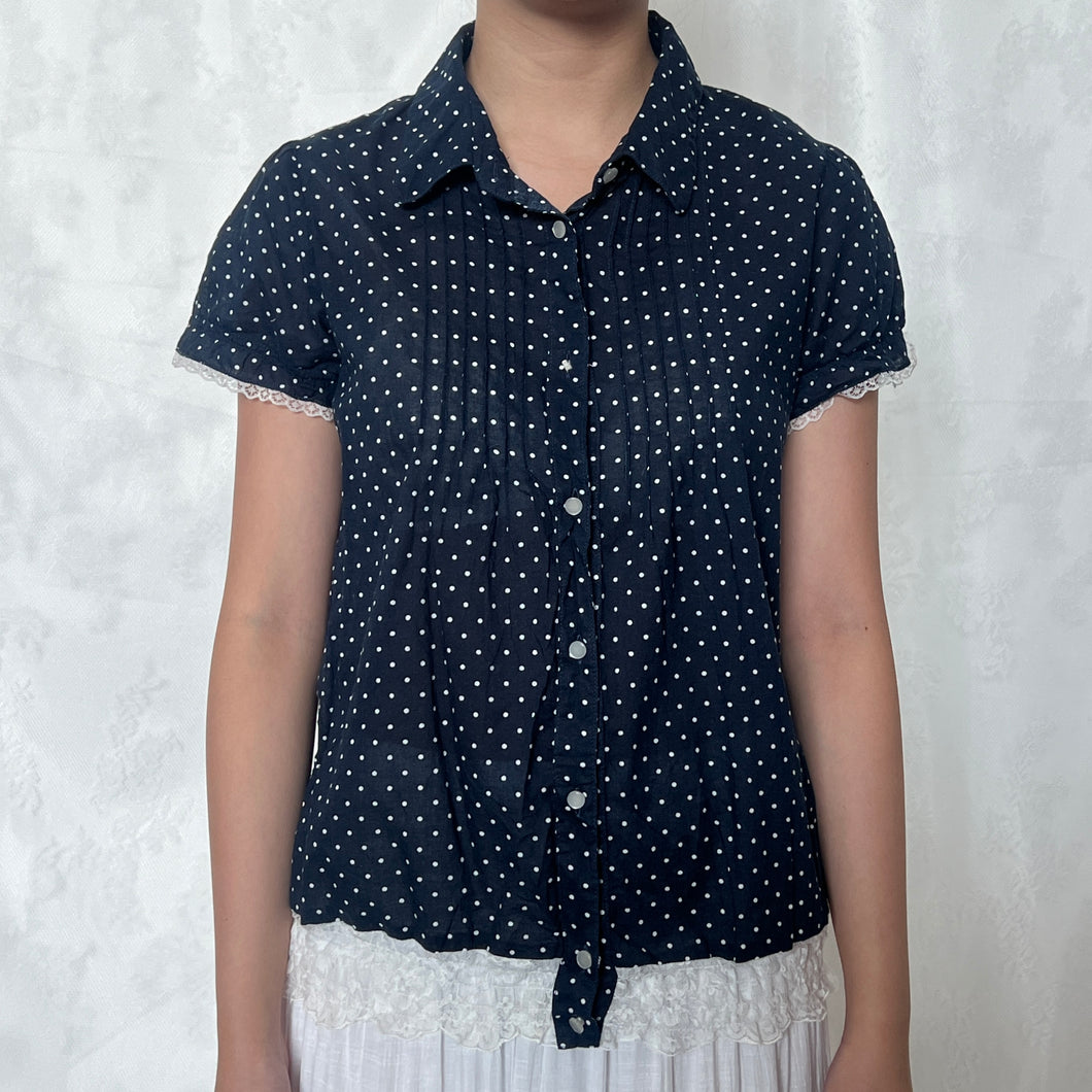 Navy Blue Polka Alice Lace Short Sleeve Button Down Top