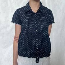 Load image into Gallery viewer, Navy Blue Polka Alice Lace Short Sleeve Button Down Top
