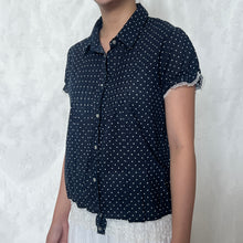 Load image into Gallery viewer, Navy Blue Polka Alice Lace Short Sleeve Button Down Top
