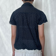 Load image into Gallery viewer, Navy Blue Polka Alice Lace Short Sleeve Button Down Top
