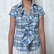 Load image into Gallery viewer, Blue Grey Plaid Ruffled Collar Button Down Short Sleeve
