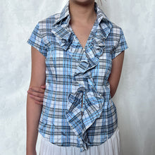 Load image into Gallery viewer, Blue Grey Plaid Ruffled Collar Button Down Short Sleeve
