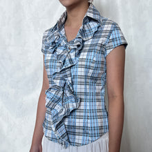 Load image into Gallery viewer, Blue Grey Plaid Ruffled Collar Button Down Short Sleeve
