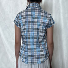 Load image into Gallery viewer, Blue Grey Plaid Ruffled Collar Button Down Short Sleeve

